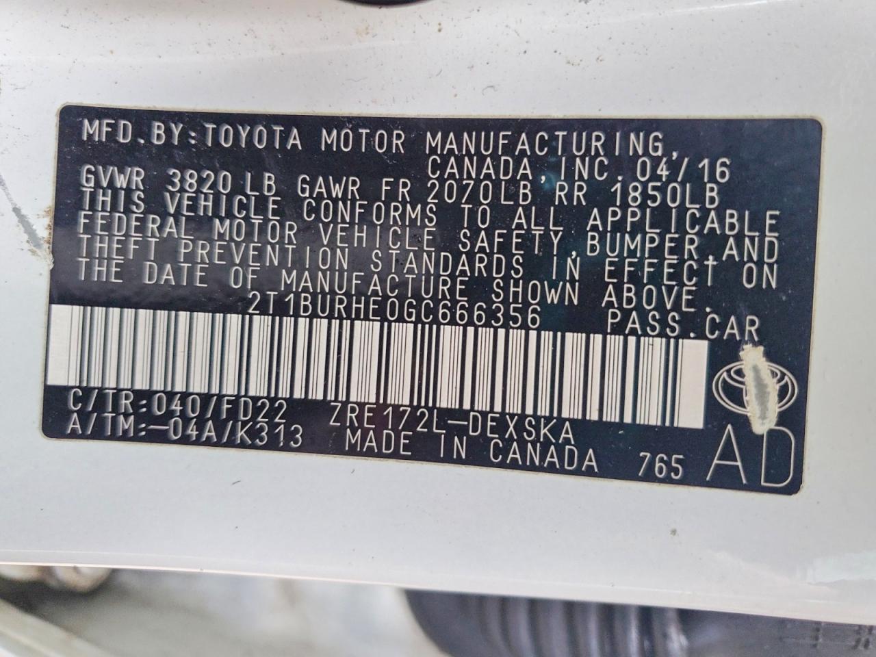 2016 TOYOTA COROLLA