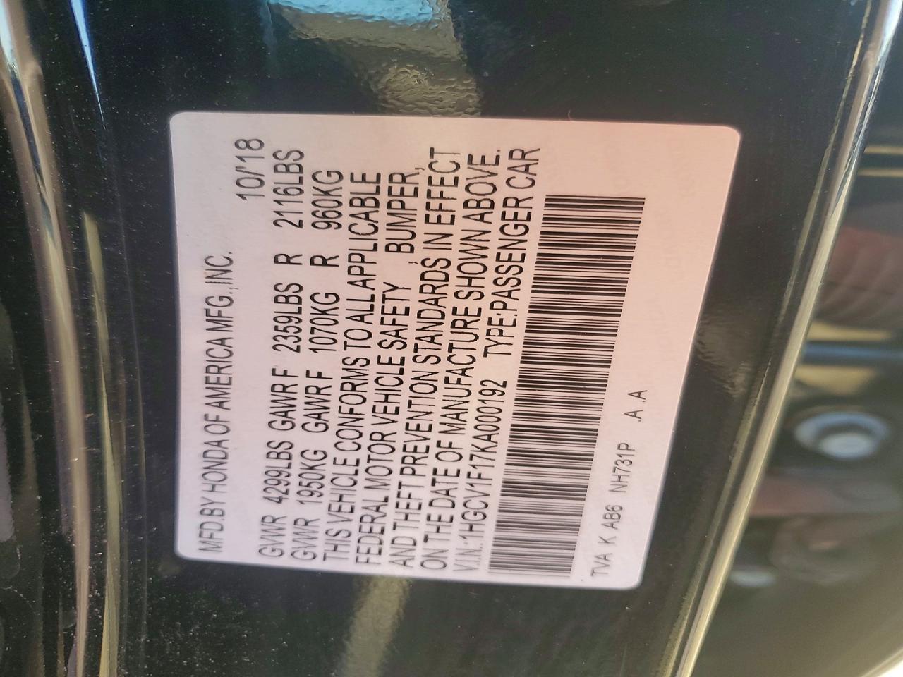 2019 HONDA ACCORD