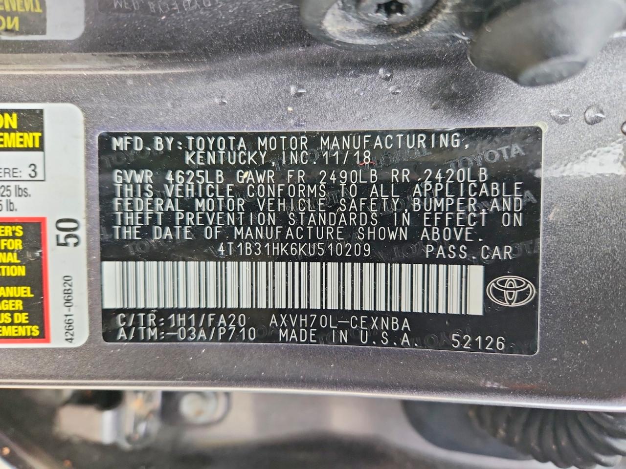 2019 TOYOTA CAMRY SOLA