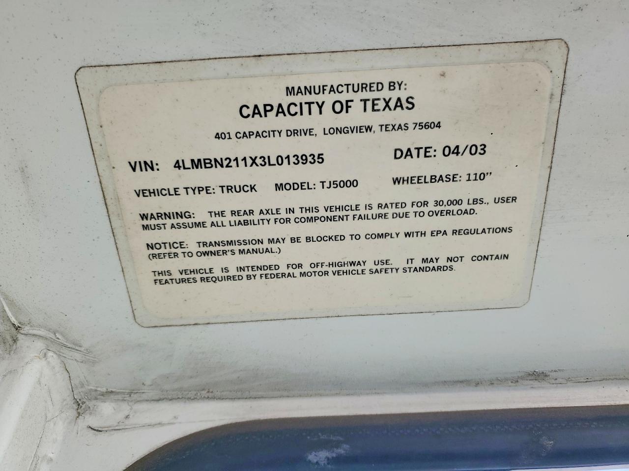 2003 CAPACITY OF TEXAS ALL OTHER
