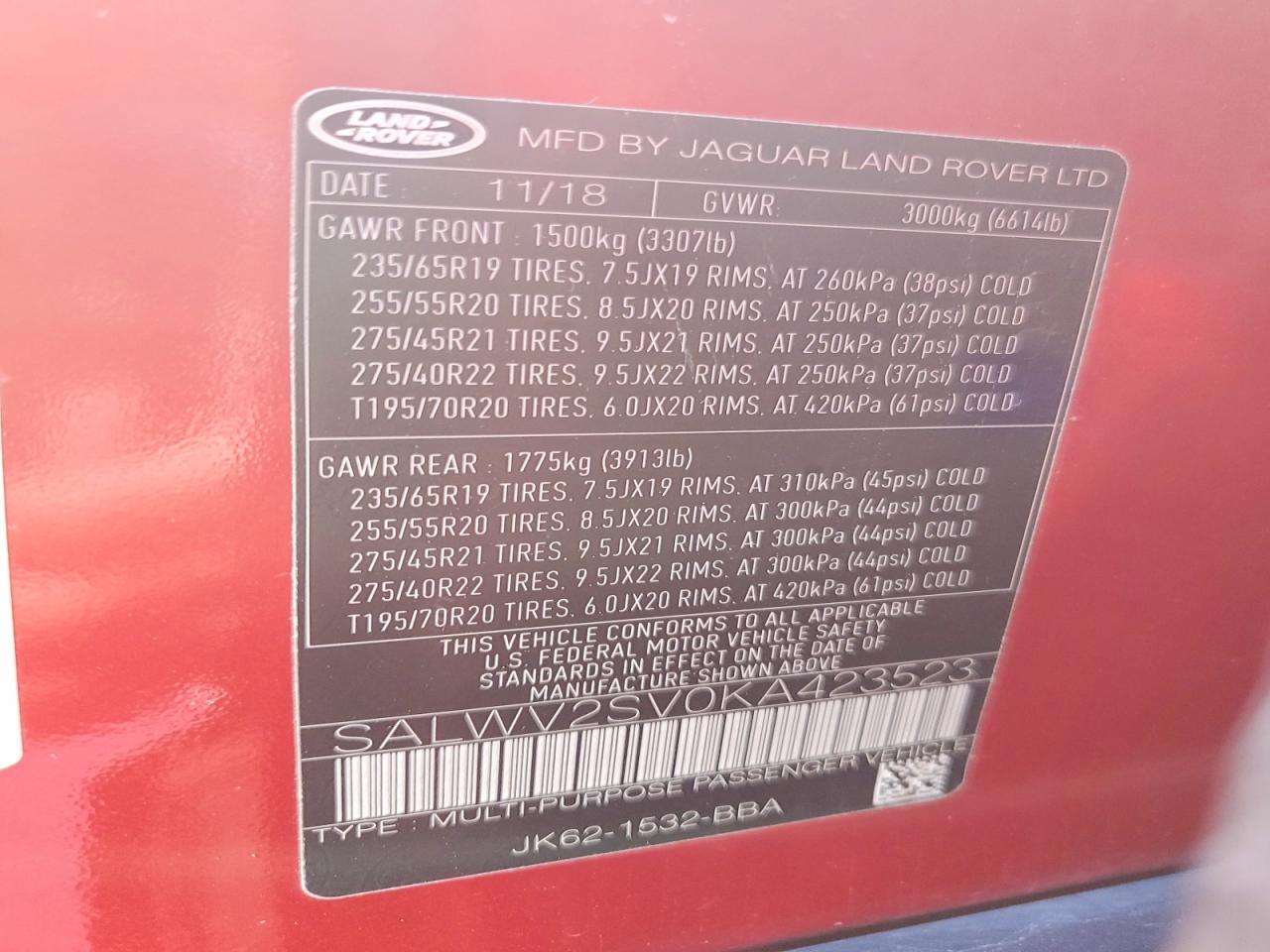 2019 LAND ROVER RANGEROVER