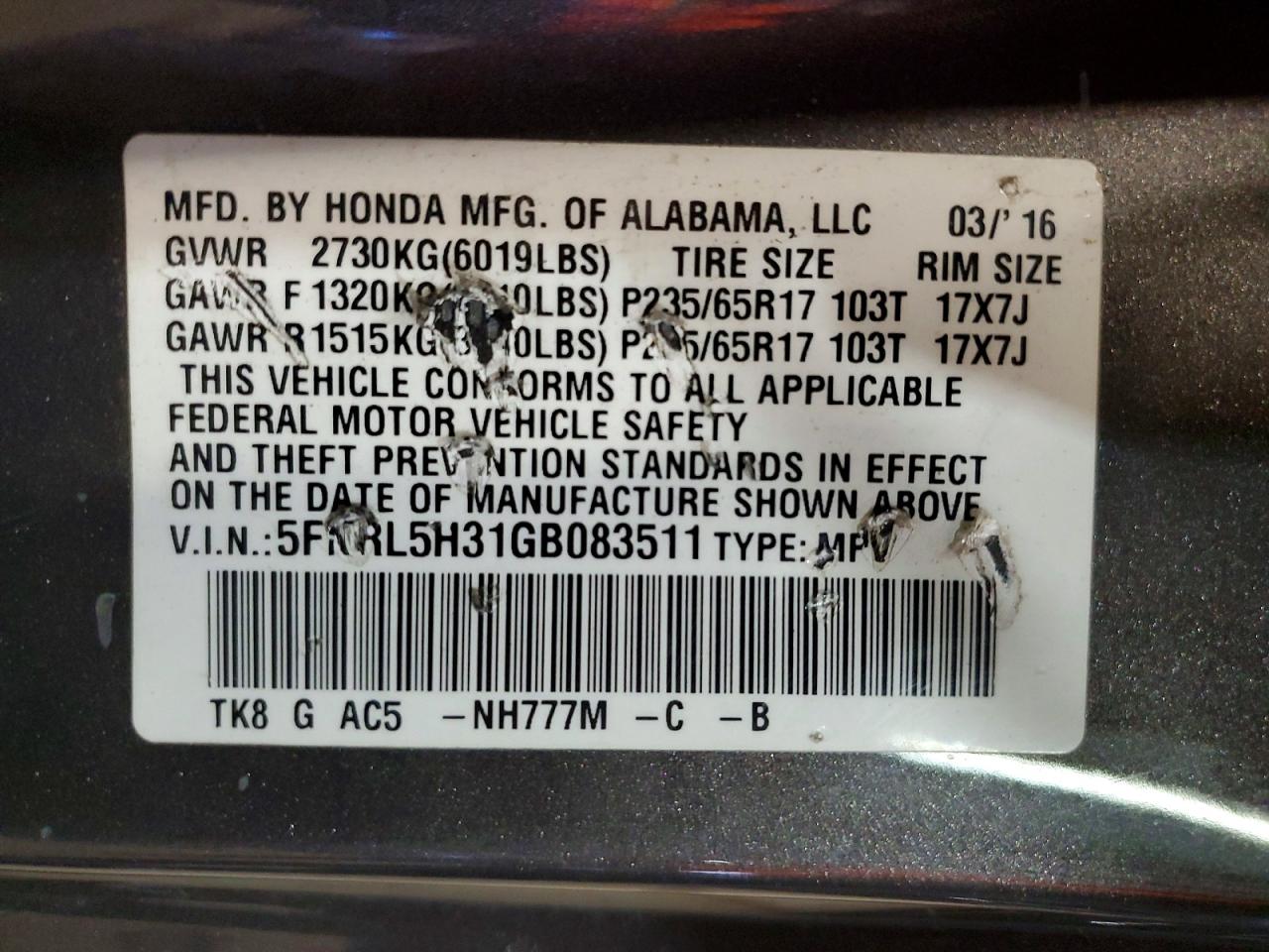 2016 HONDA ODYSSEY