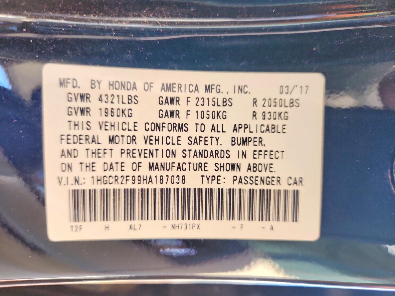 2017 HONDA ACCORD