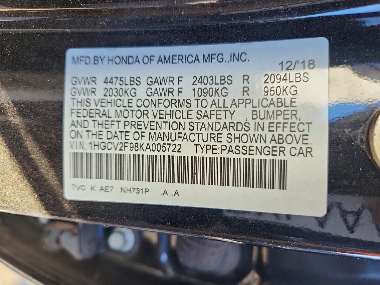 2019 HONDA ACCORD