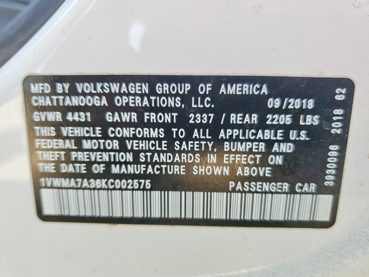 2019 VOLKSWAGEN PASSAT