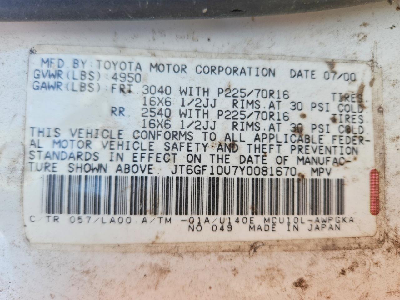 2000 LEXUS RX 300 BAS