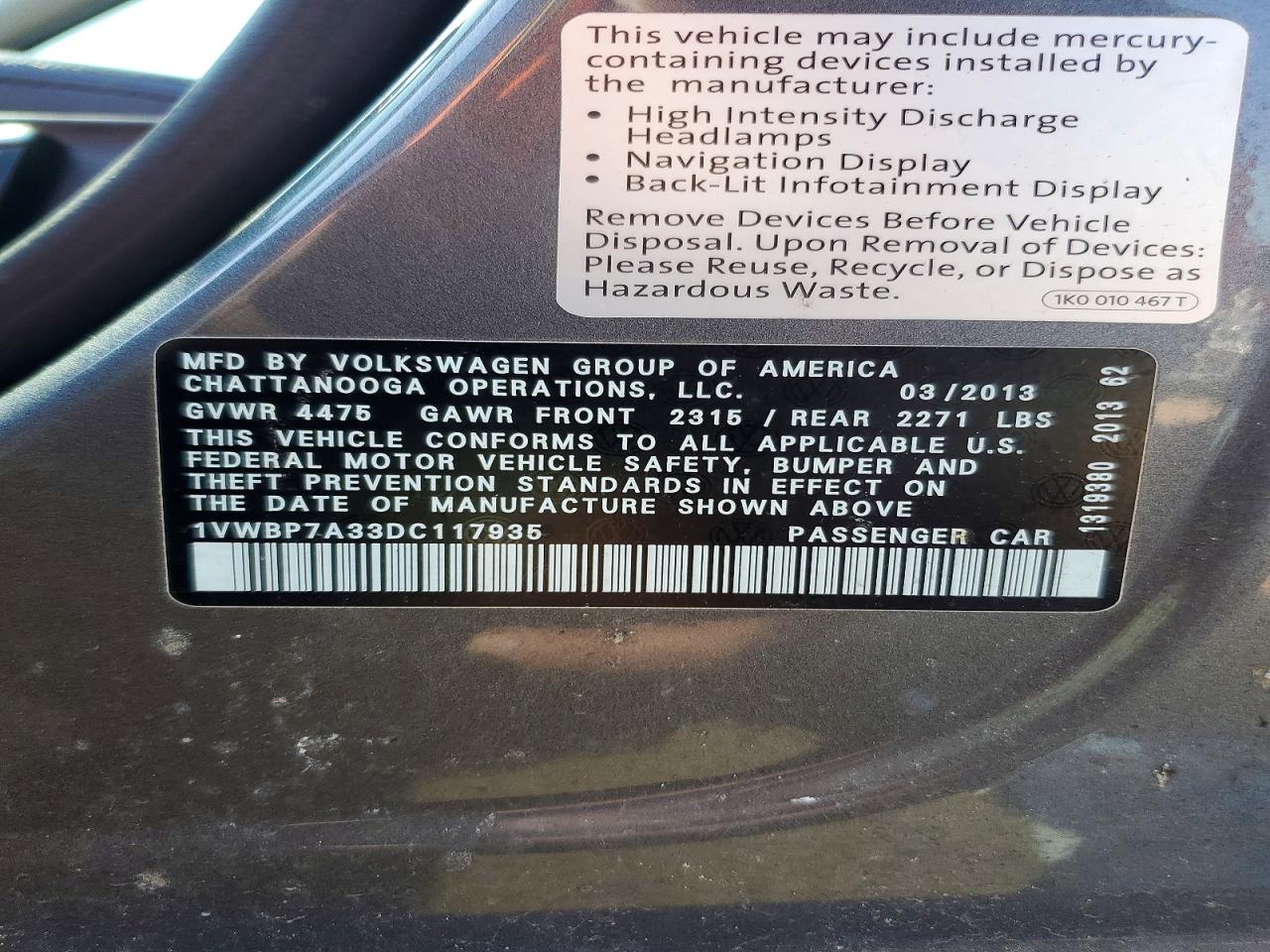 2013 VOLKSWAGEN PASSAT