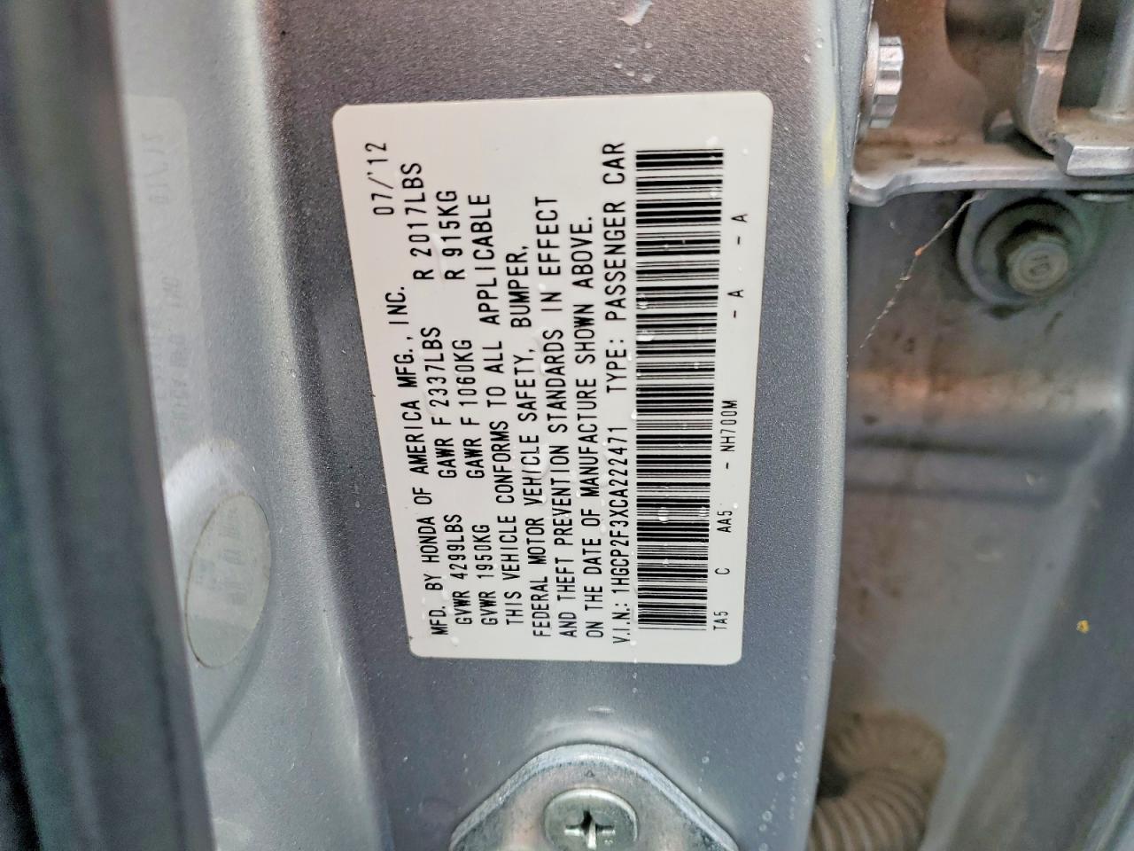 2012 HONDA ACCORD