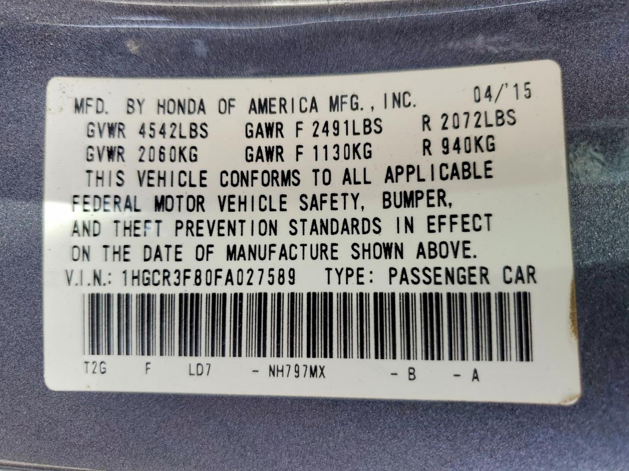 2015 HONDA ACCORD