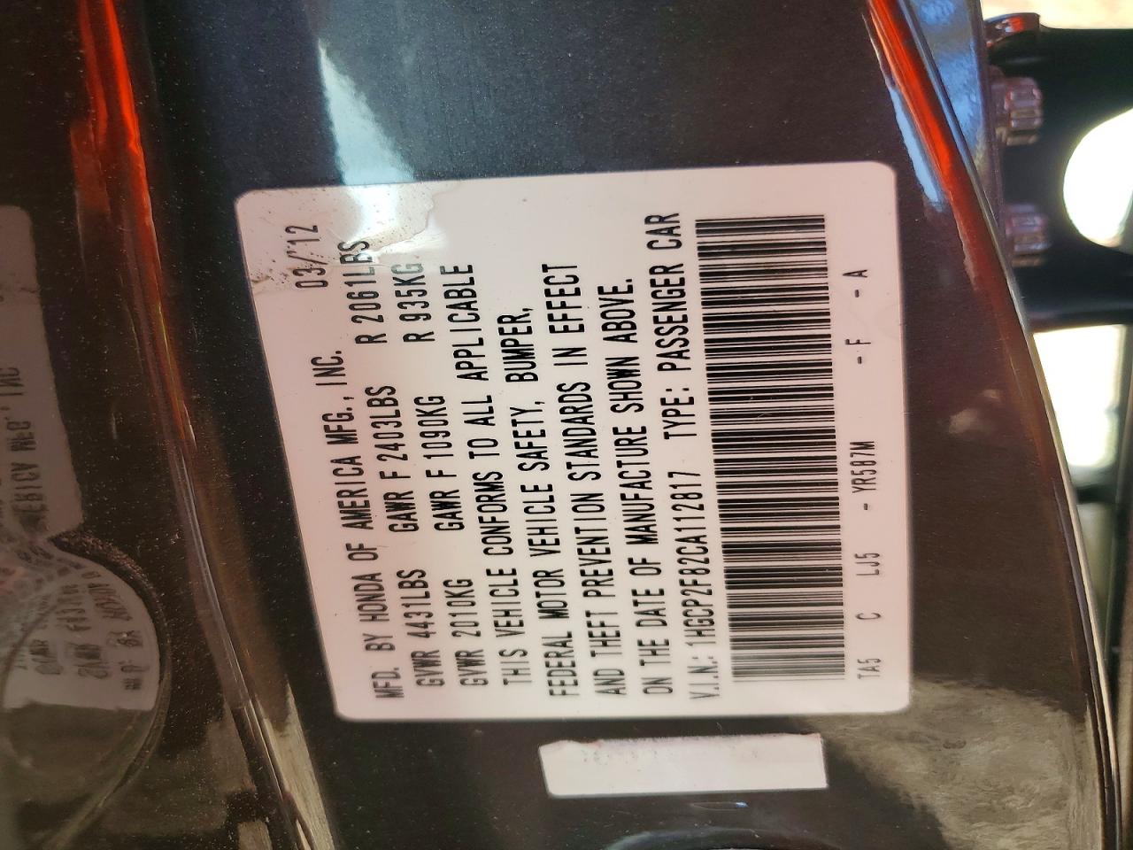 2012 HONDA ACCORD