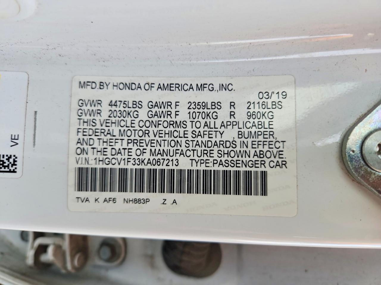 2019 HONDA ACCORD