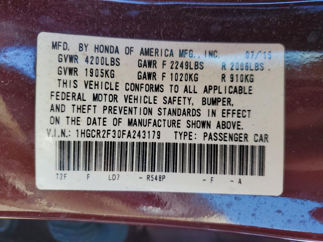 2015 HONDA ACCORD