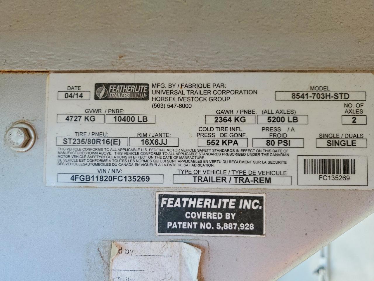 2015 FEATHRLITE UTILITY