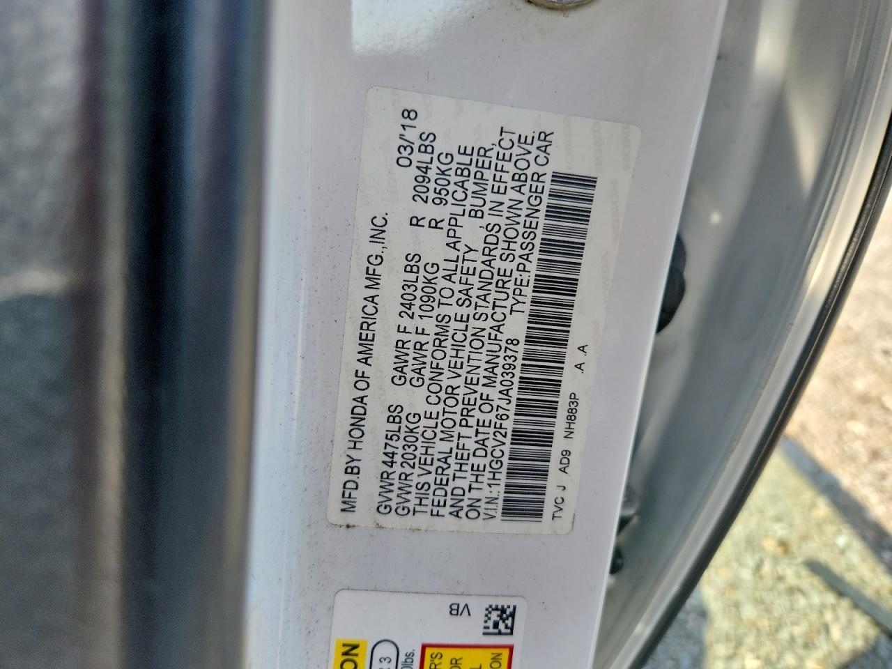 2018 HONDA ACCORD