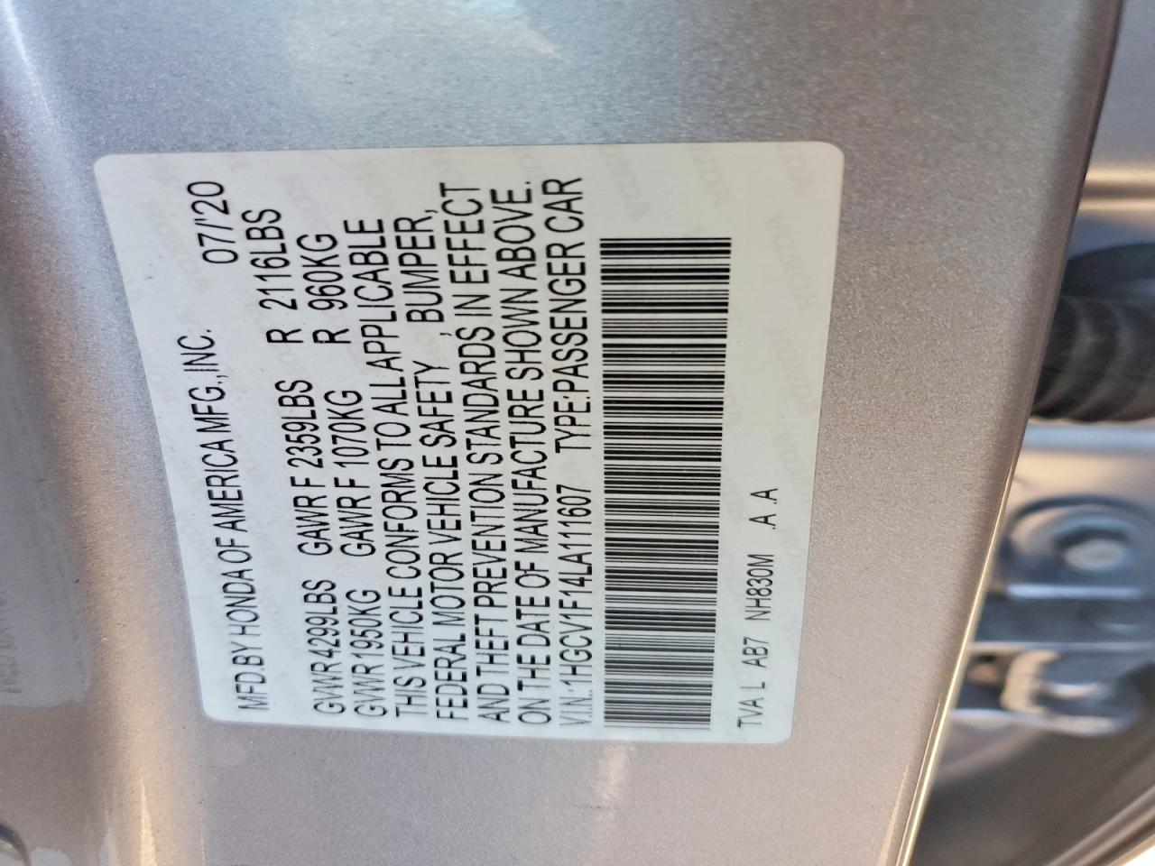 2020 HONDA ACCORD