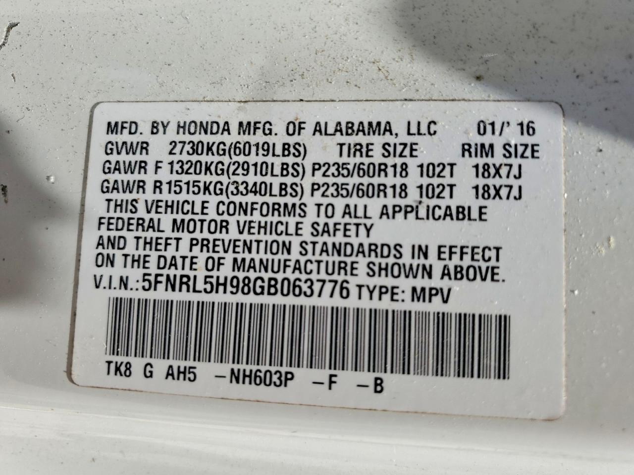 2016 HONDA ODYSSEY
