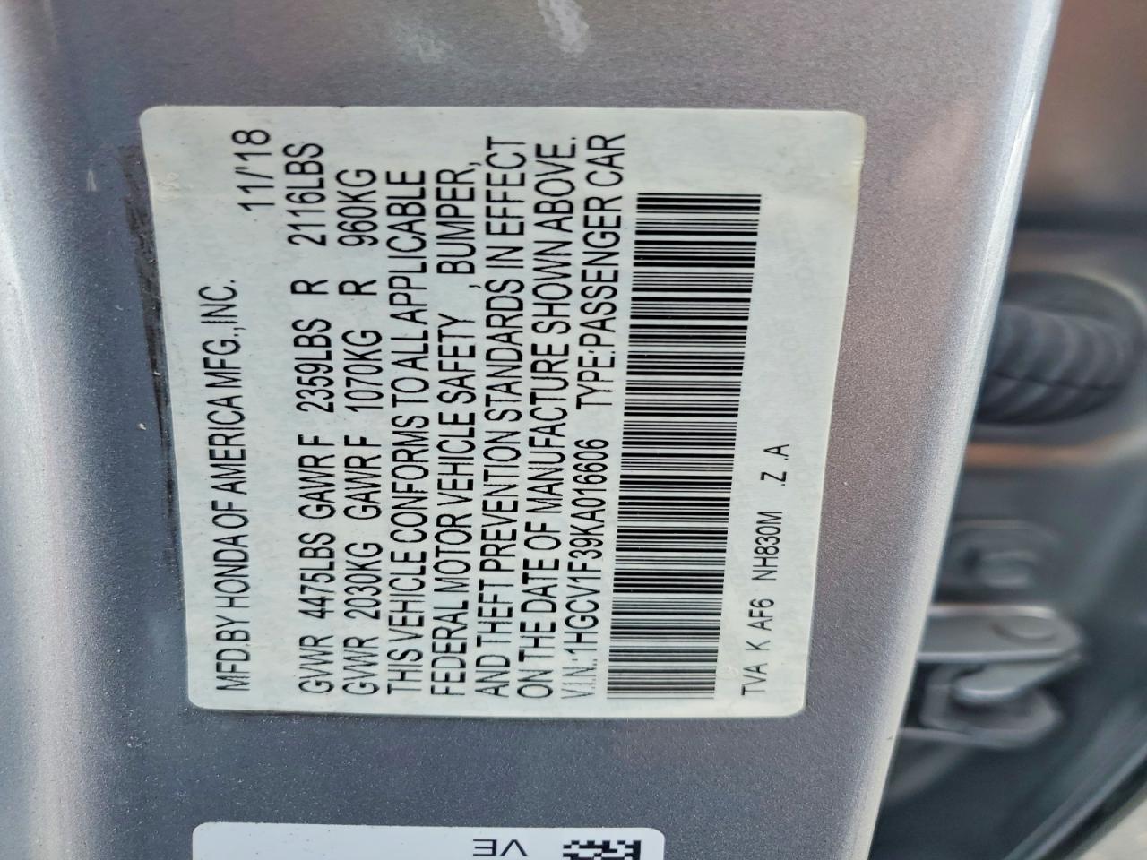 2019 HONDA ACCORD