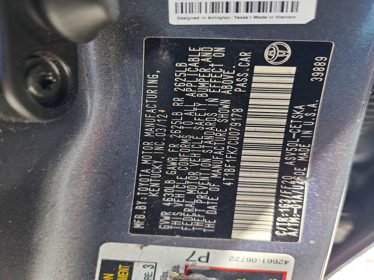 2012 TOYOTA CAMRY