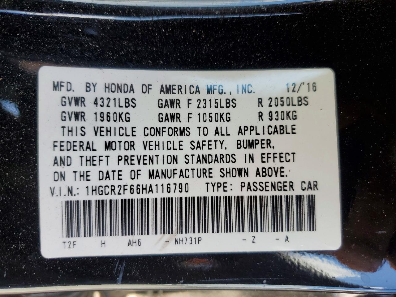 2017 HONDA ACCORD