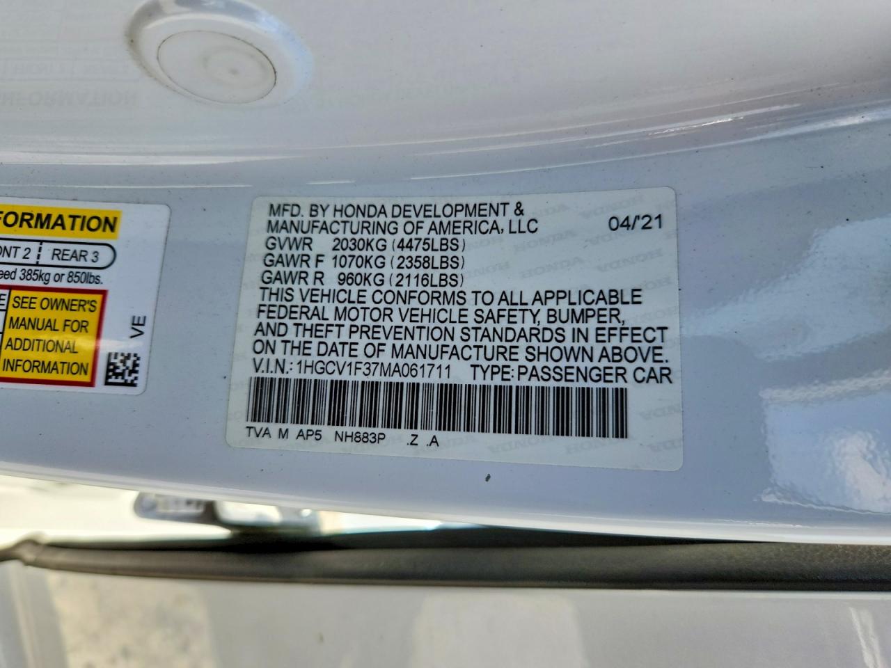 2021 HONDA ACCORD