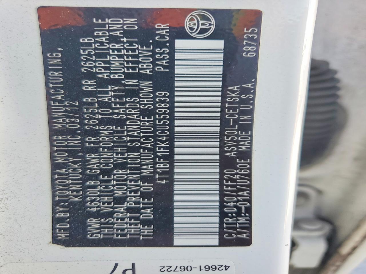 2012 TOYOTA CAMRY