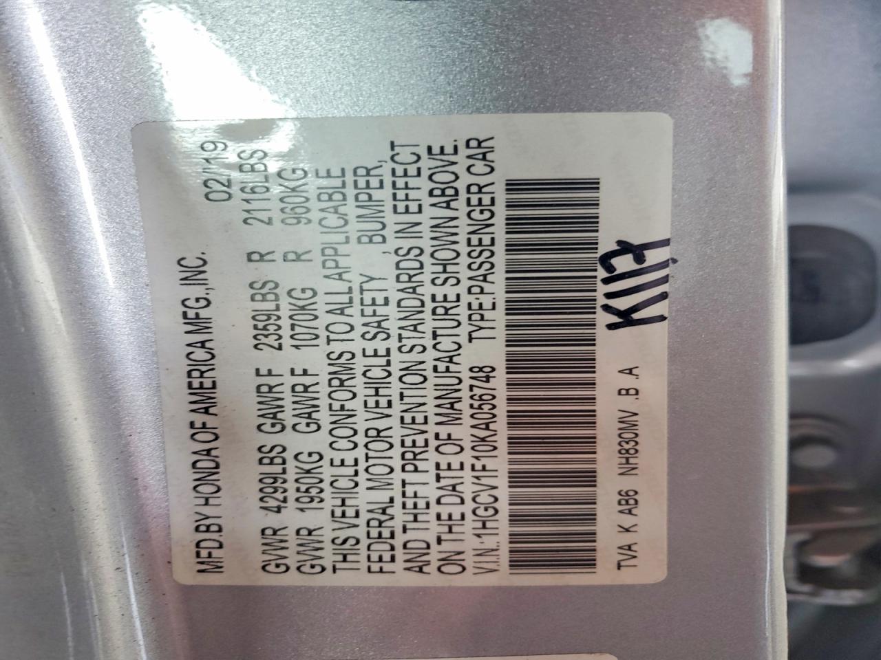 2019 HONDA ACCORD