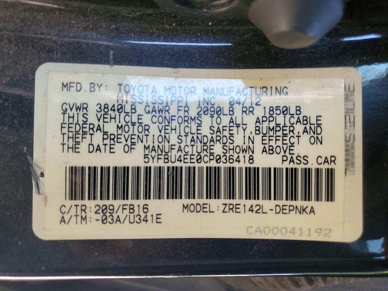 2012 TOYOTA COROLLA