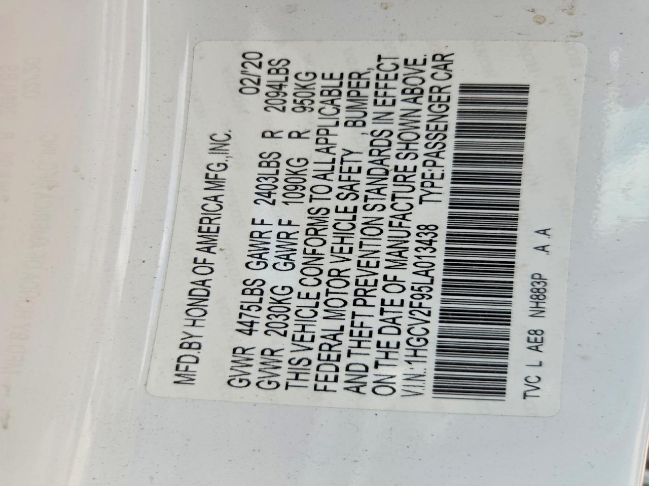 2020 HONDA ACCORD