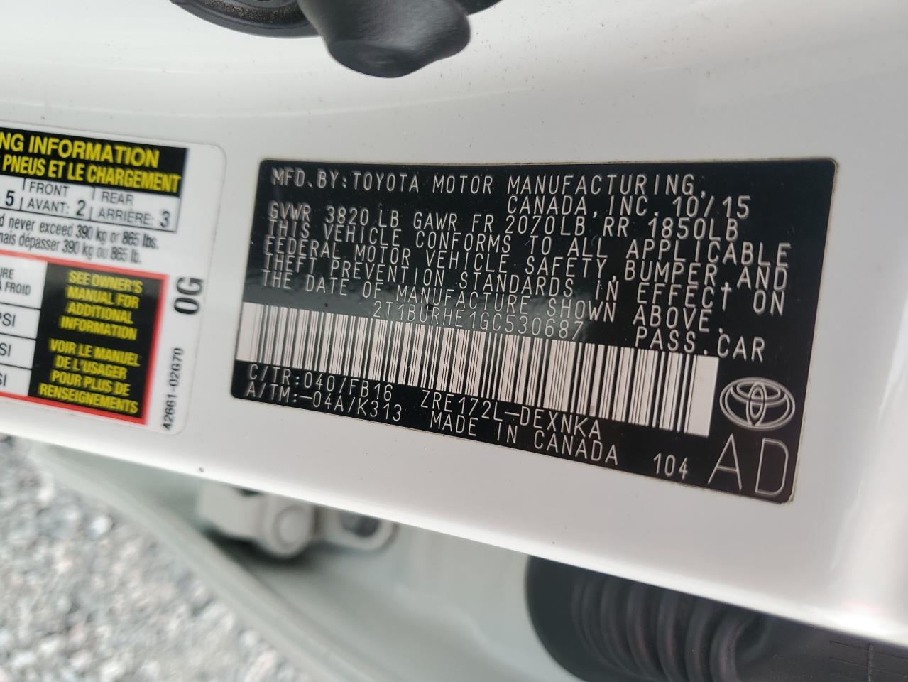 2016 TOYOTA COROLLA