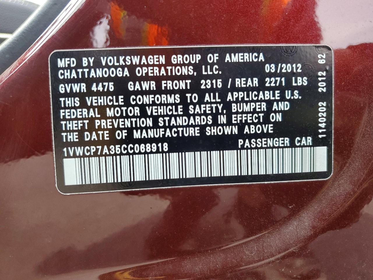 2012 VOLKSWAGEN PASSAT