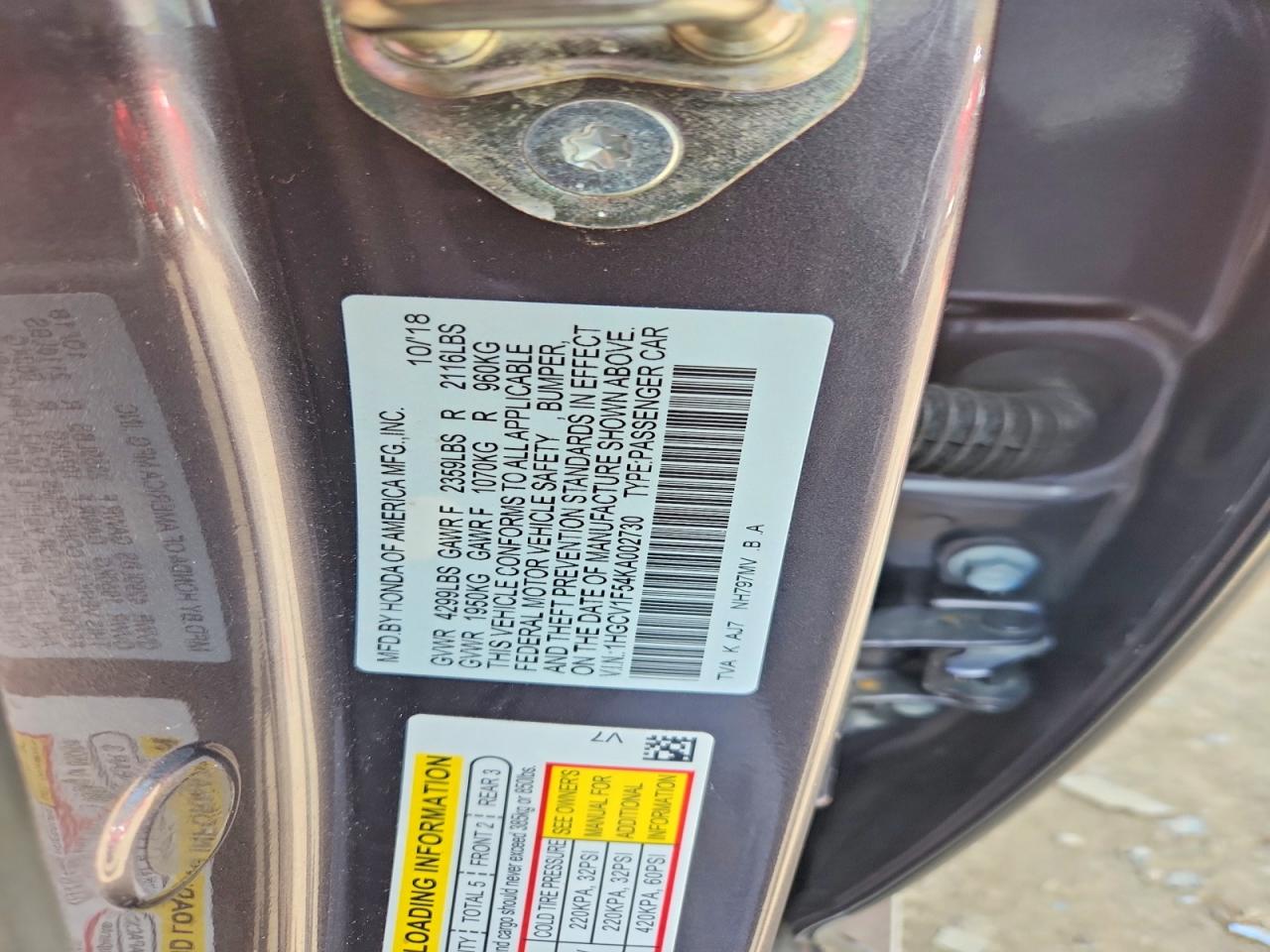 2019 HONDA ACCORD