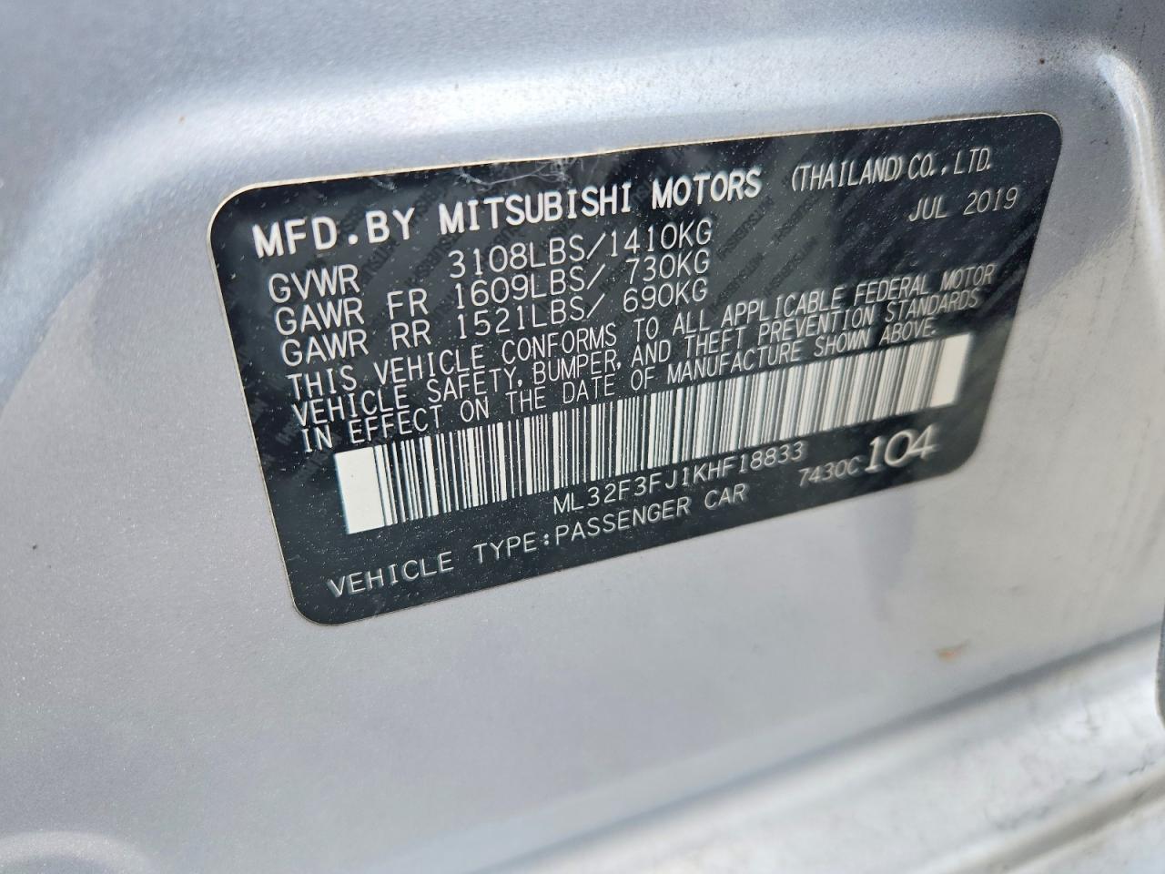 2019 MITSUBISHI MIRAGE