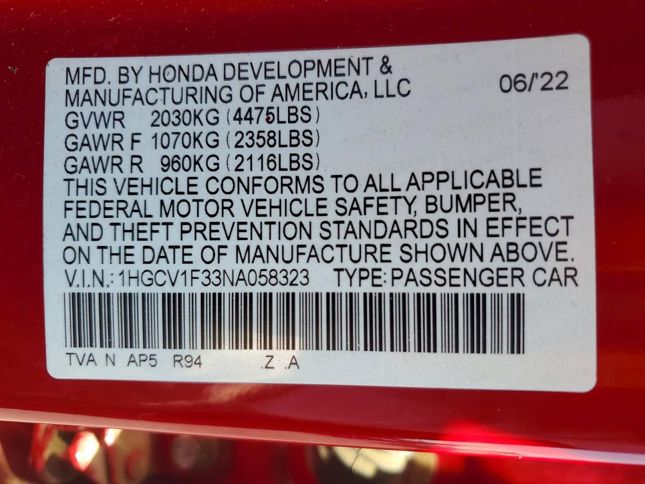 2022 HONDA ACCORD