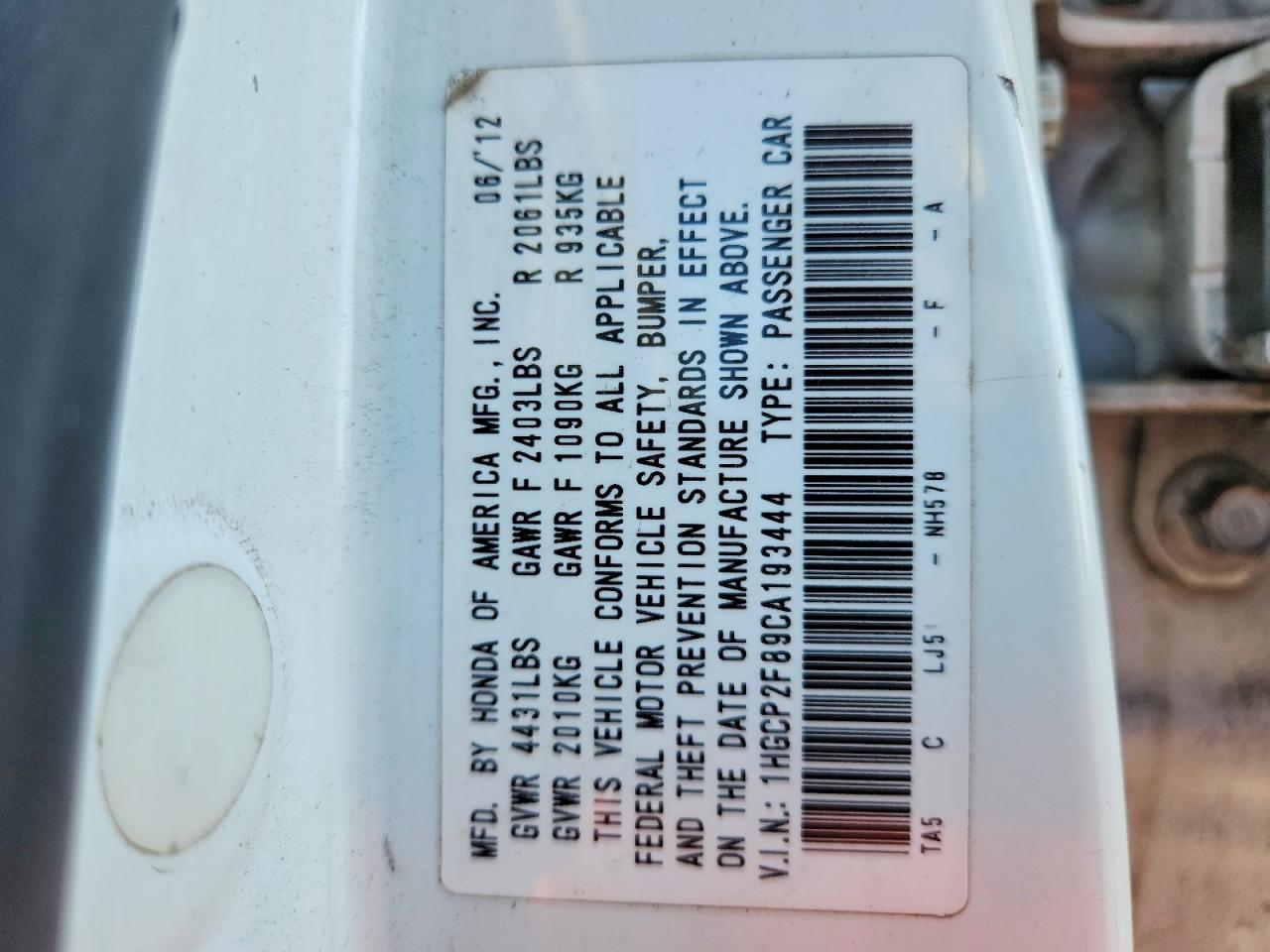 2012 HONDA ACCORD