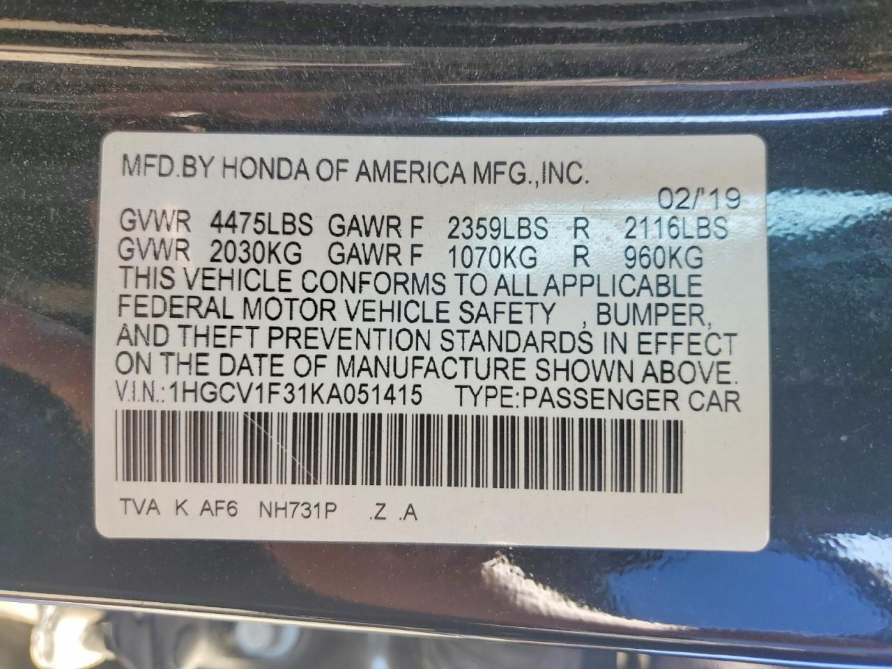 2019 HONDA ACCORD