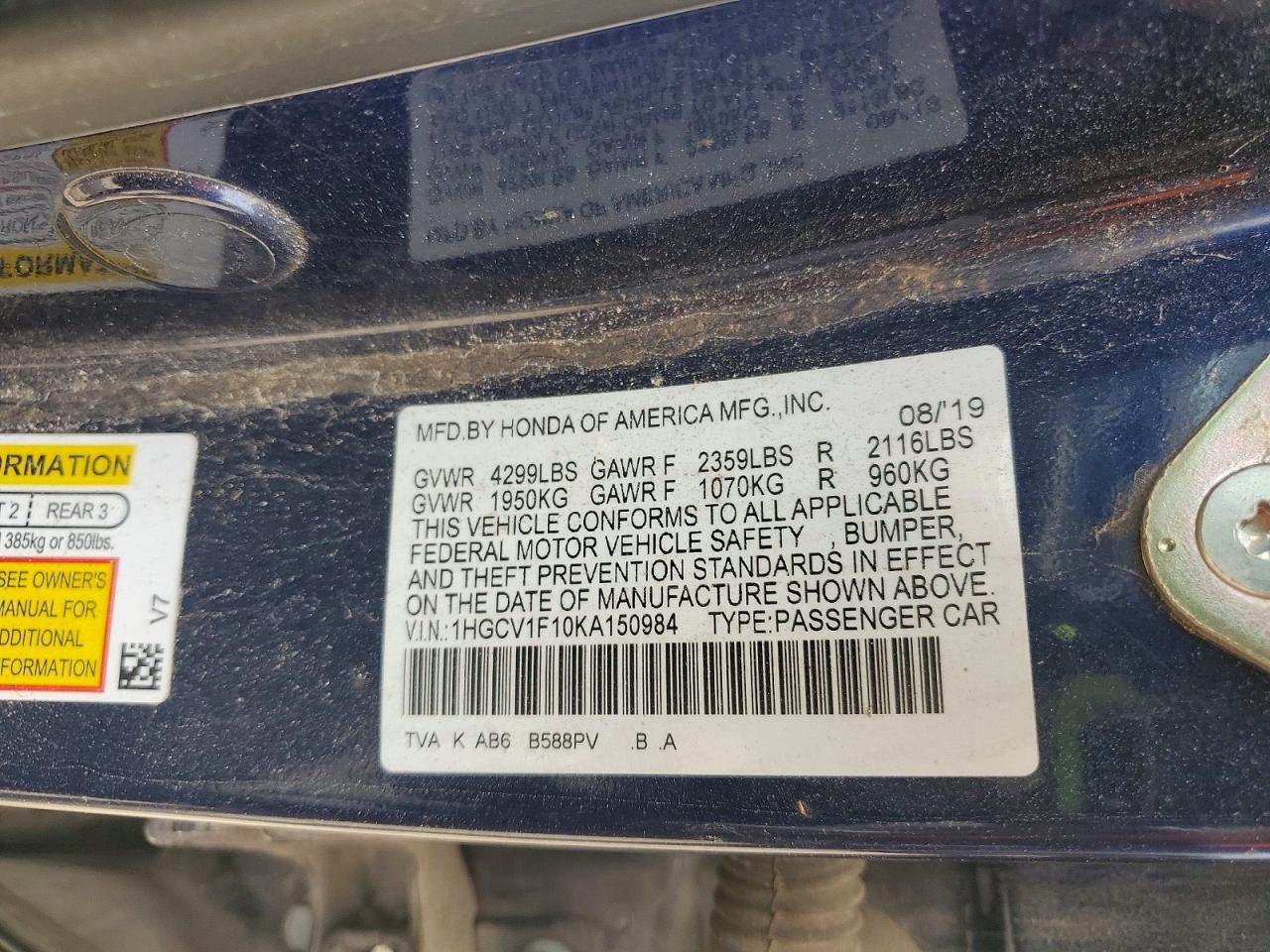 2019 HONDA ACCORD