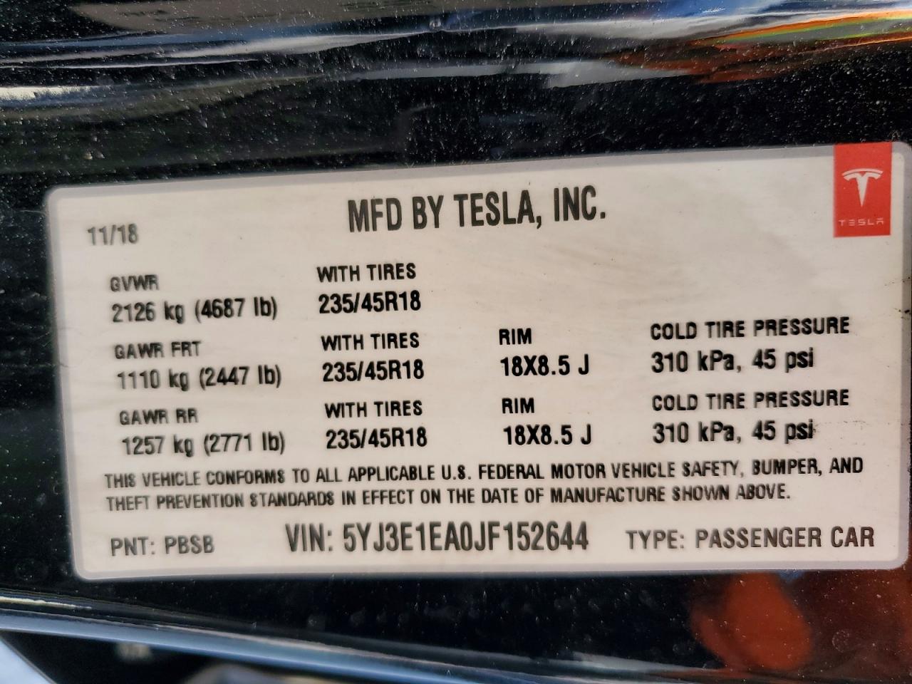 2018 TESLA MODEL 3