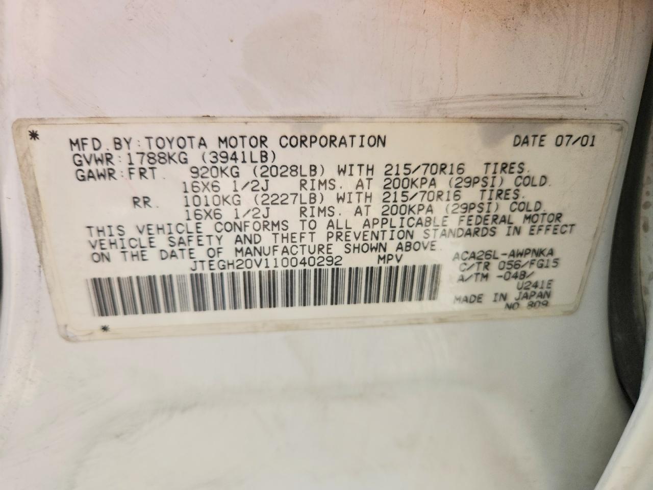 2001 TOYOTA RAV4 BASE