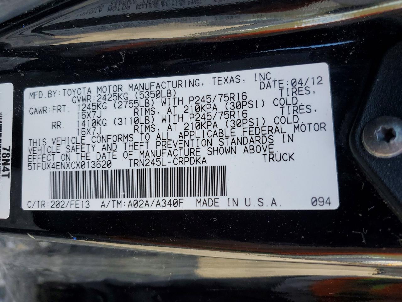 2012 TOYOTA TACOMA
