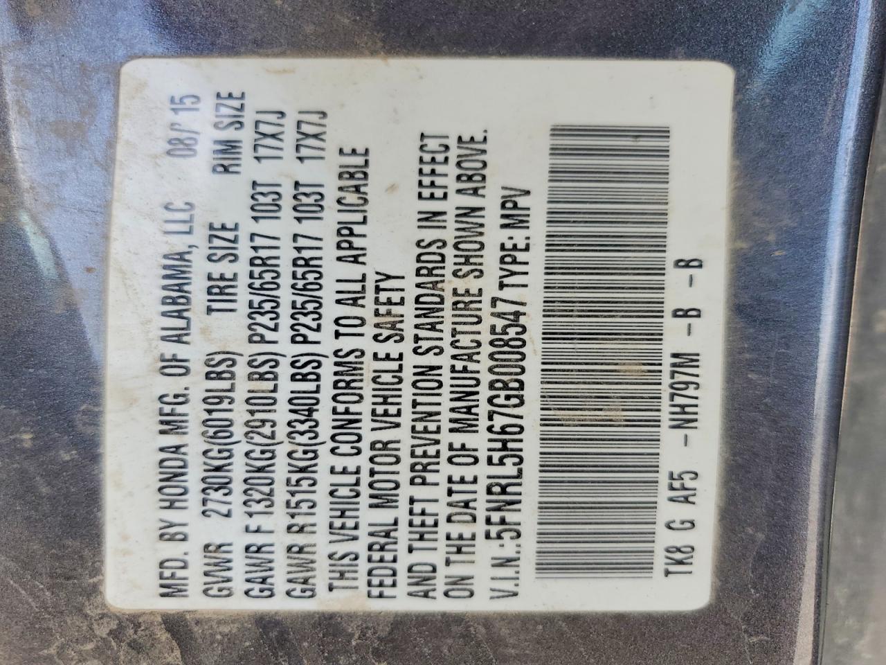 2016 HONDA ODYSSEY