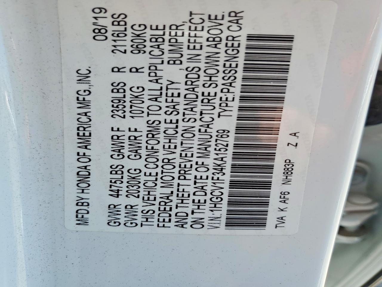 2019 HONDA ACCORD