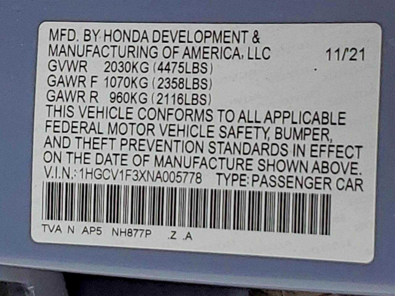 2022 HONDA ACCORD