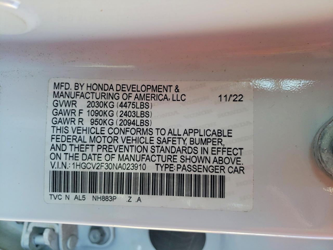 2022 HONDA ACCORD