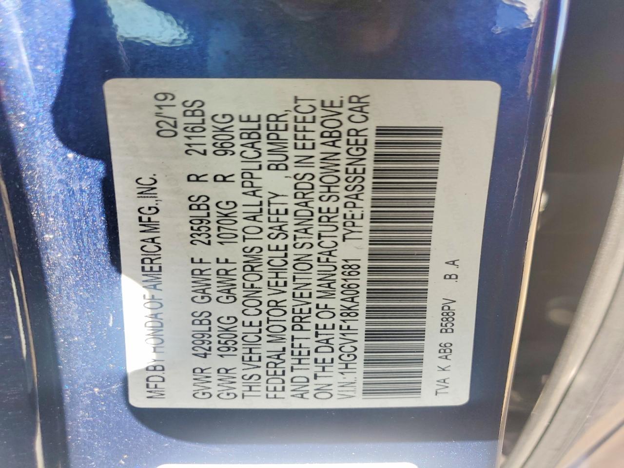 2019 HONDA ACCORD