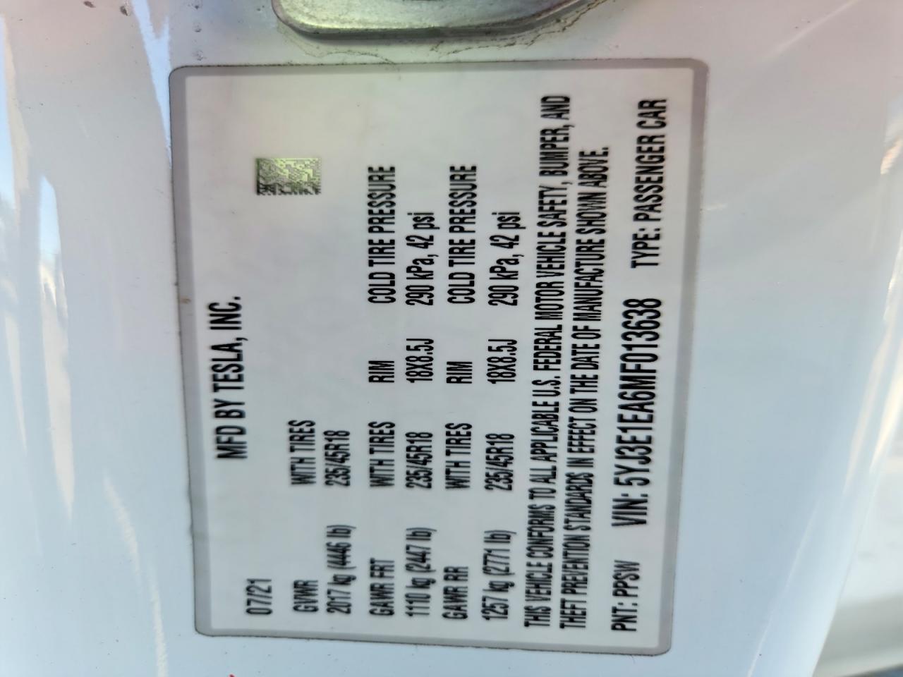 2021 TESLA MODEL 3
