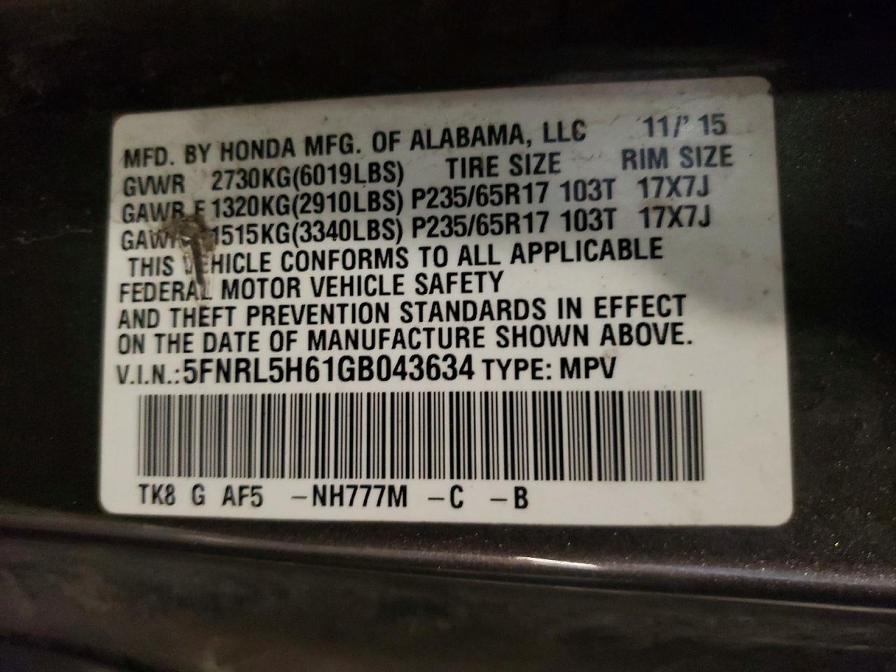 2016 HONDA ODYSSEY