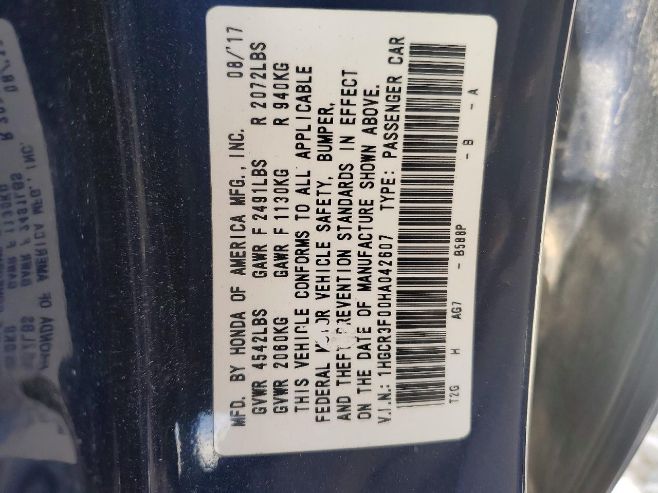2017 HONDA ACCORD EXL