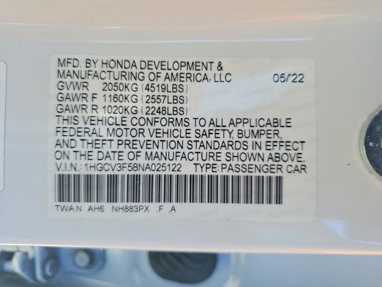 2022 HONDA ACCORD