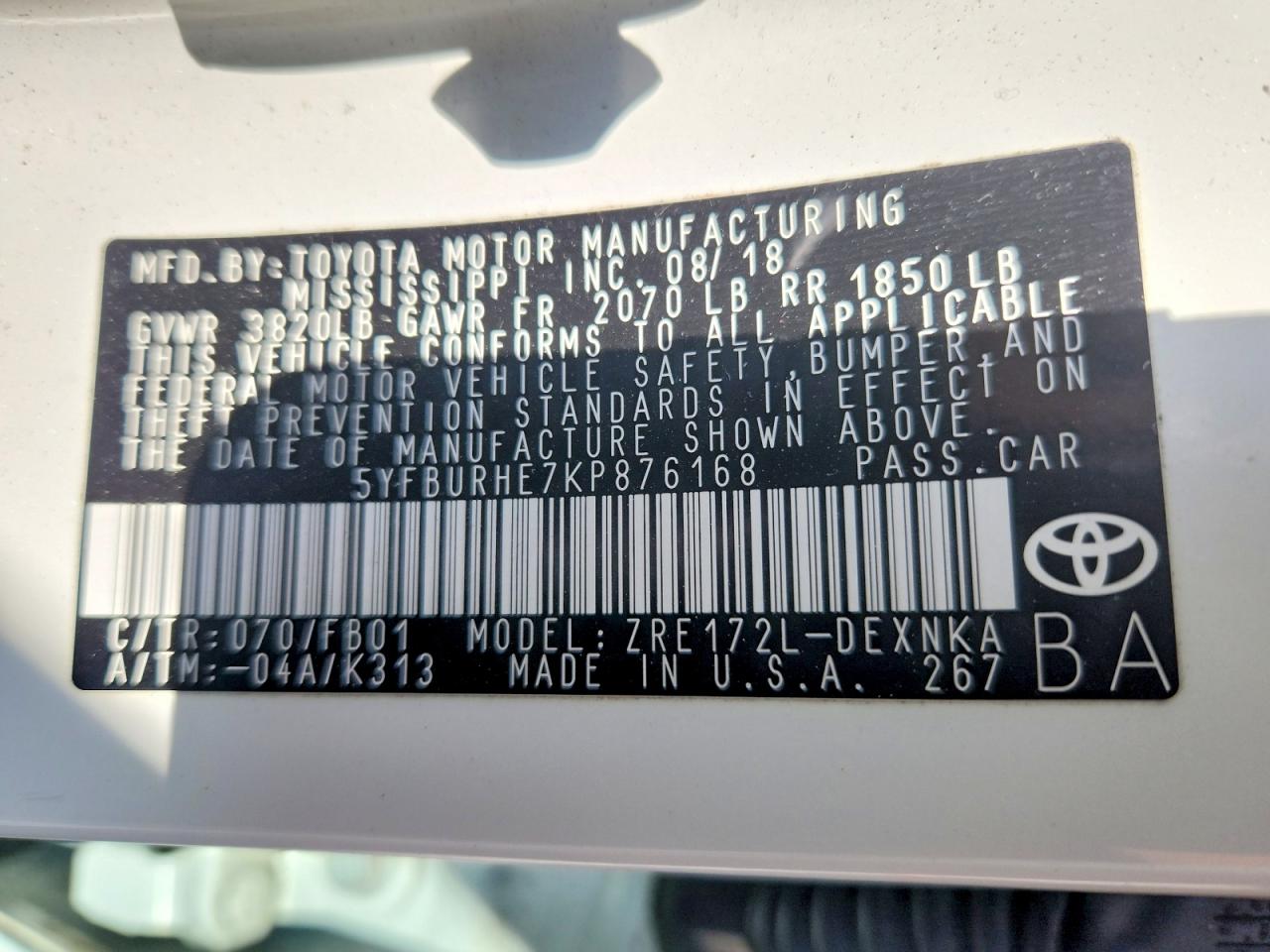 2019 TOYOTA COROLLA