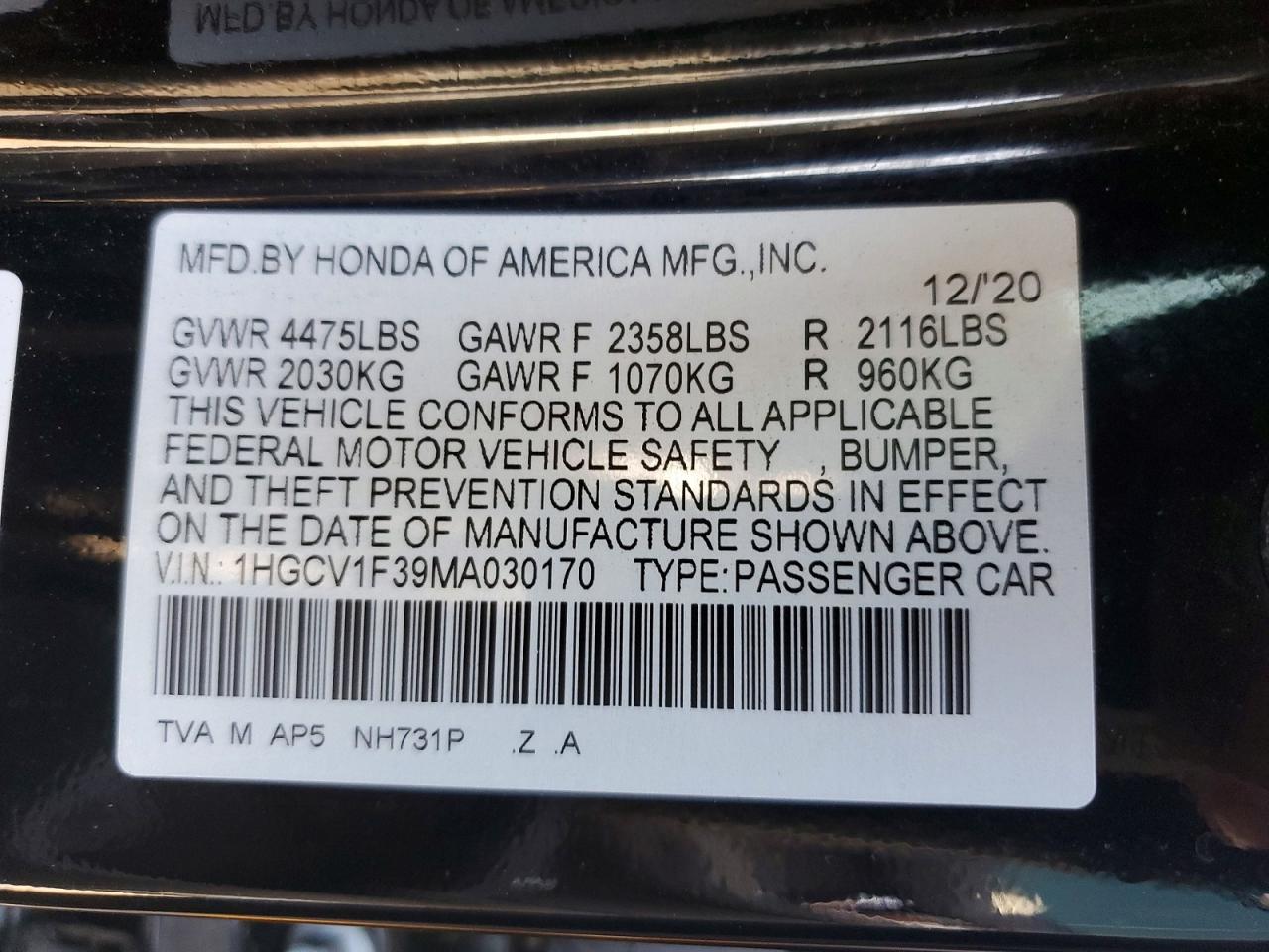 2021 HONDA ACCORD